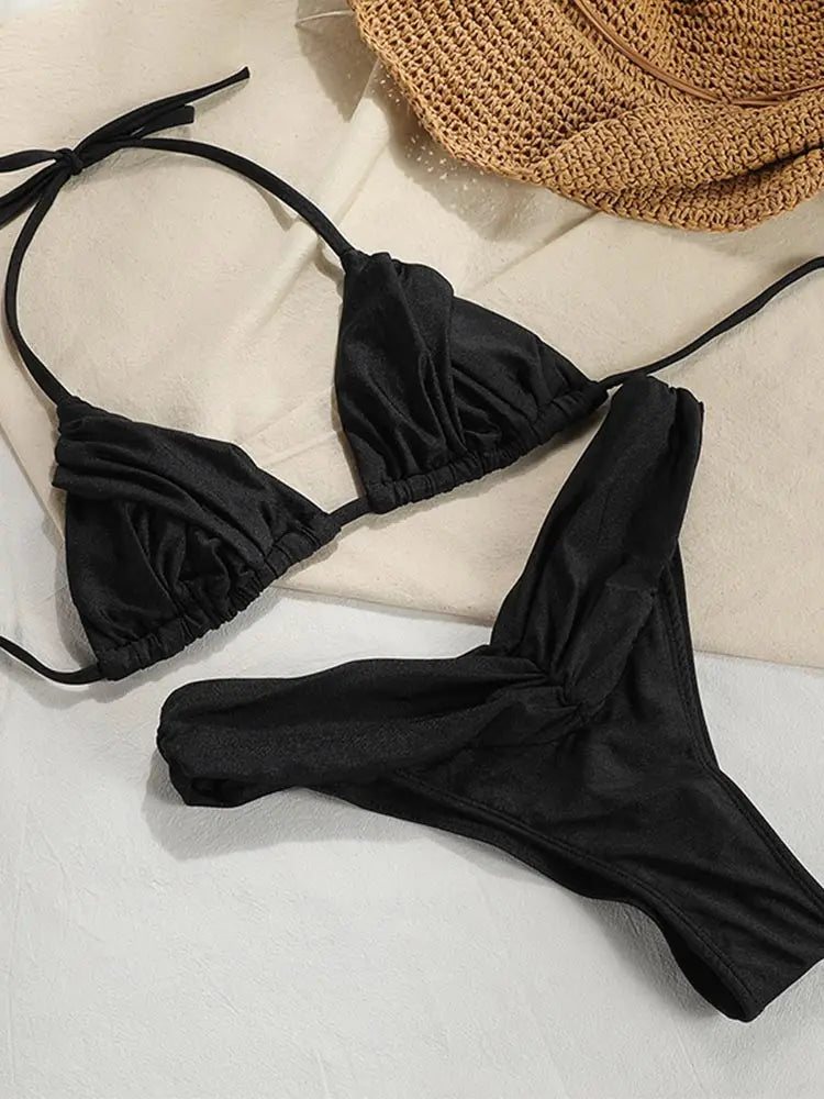 Sexy Folds Bikini Set Solid Micro Bikinis Women Swimsuit Female Triangle Swimwear Beach Wear Bathing Suit