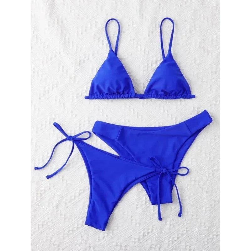 OIINAA Swimwear Women Sexy Solid Swimsuit Drawstring Bow Tie Bikini Set Three-pieces Beachwear Summer Thong Bather Bathing Suit