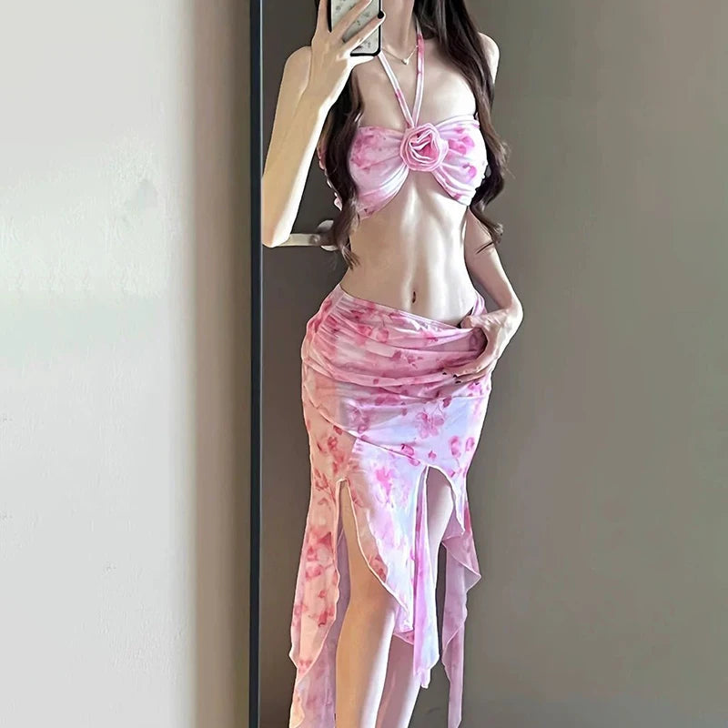 Women's Long Dress Bikini Halter Neck Sexy Swimsuit with Removable Pads Beach Cover Up Flowy Swimsuit for Vacation Body Shaping