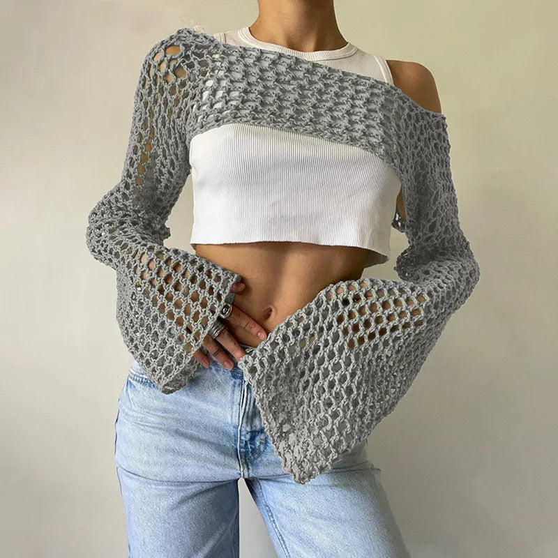 Long Sleeve Crochet Crop Top Summer Knit Hollow Out Mesh Cover Ups 2024 Women‘s Y2k Crochet Tops Pullover Streetwear
