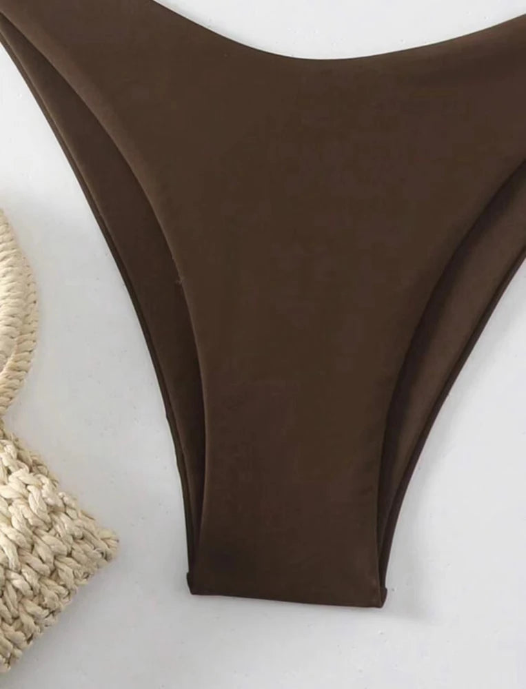 Women Thong Bikini Sexy Solid White/Black/Coffee Halter Swimsuit Lace Up Brazilian Bathing Suit New Double Fabric Beachwear