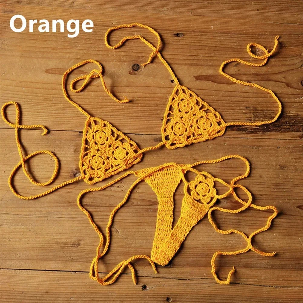 Crochet Bikini Set G-String Lace Up Thong Beach Swimwear Sexy Swimsuit Bra Set For Summer Swimming Party Holiday