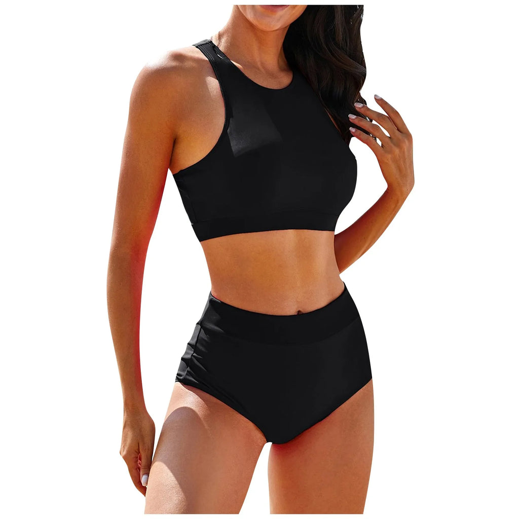 Women'S Solid Color Tank Top Swimsuit Ladies Split High Waist Swimsuit Two-Piece Set Traje De BañO Mujer Biquinis Feminino