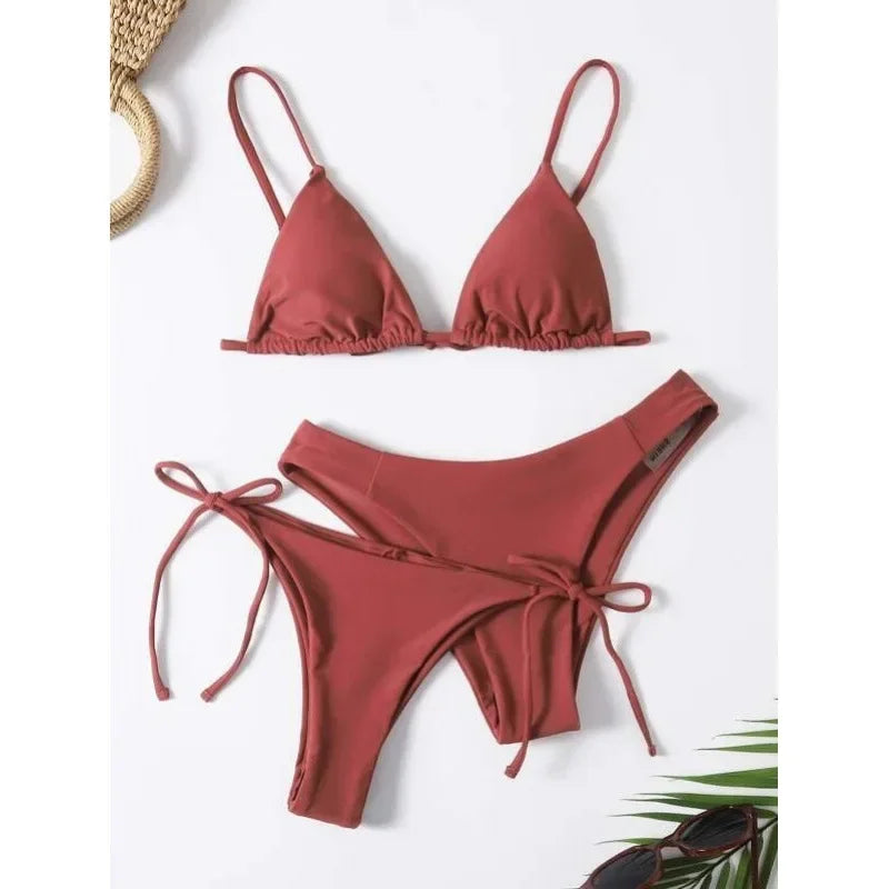 OIINAA Swimwear Women Sexy Solid Swimsuit Drawstring Bow Tie Bikini Set Three-pieces Beachwear Summer Thong Bather Bathing Suit