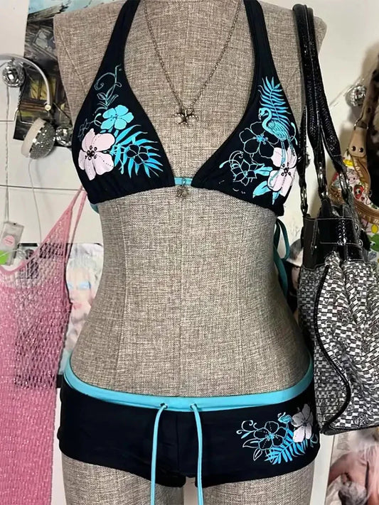 Vintage Flower print Cutie set Bikini 2000s Swimsuit Sexy Women Bathing Fashion Halter Strap Swimwear High Street Beach Female