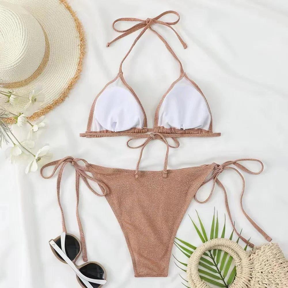 Shiny bikini set triangle bikini bandage swimsuit ladies two-piece swimsuit summer bikini new beachwear