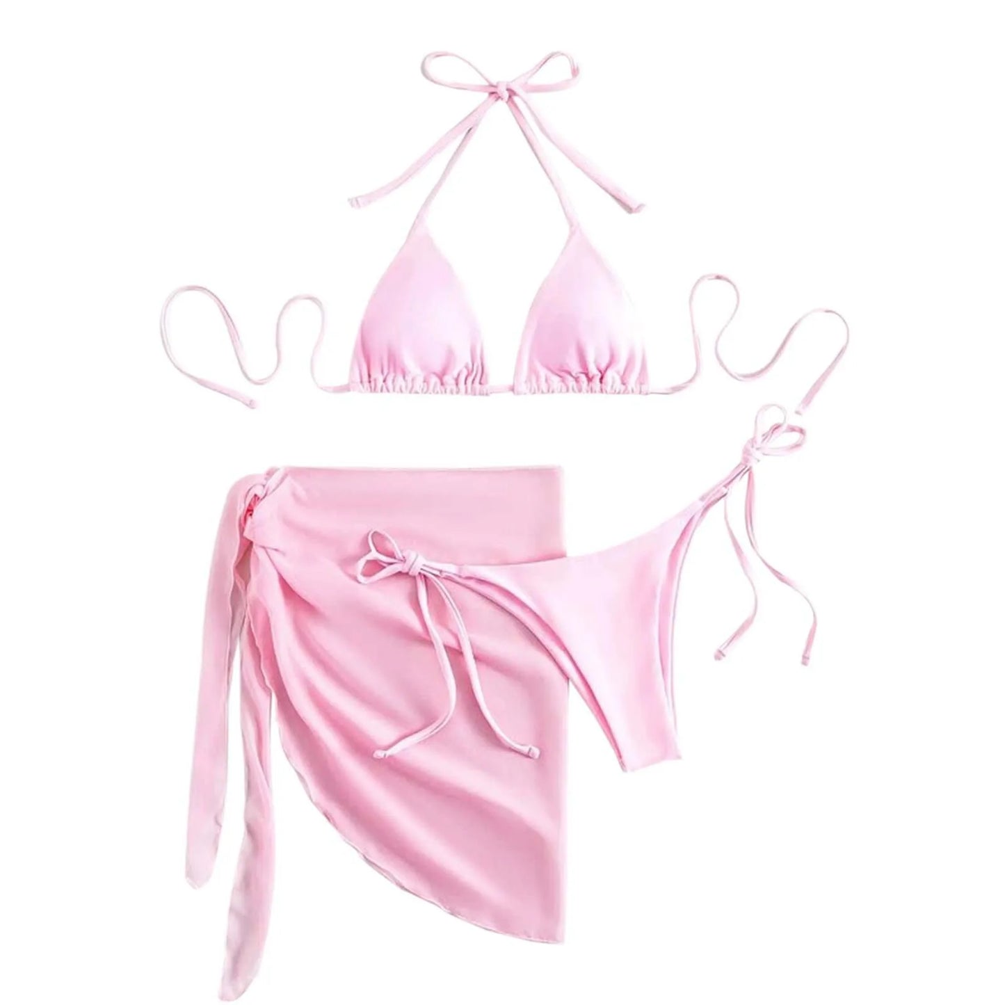 Women'S Solid Halter Backless Bikinis Set Sexy Triangle Cup Lace Up Bikini Top With Bottoms Swimsuit Cover Up 3 Piece Swimsuit