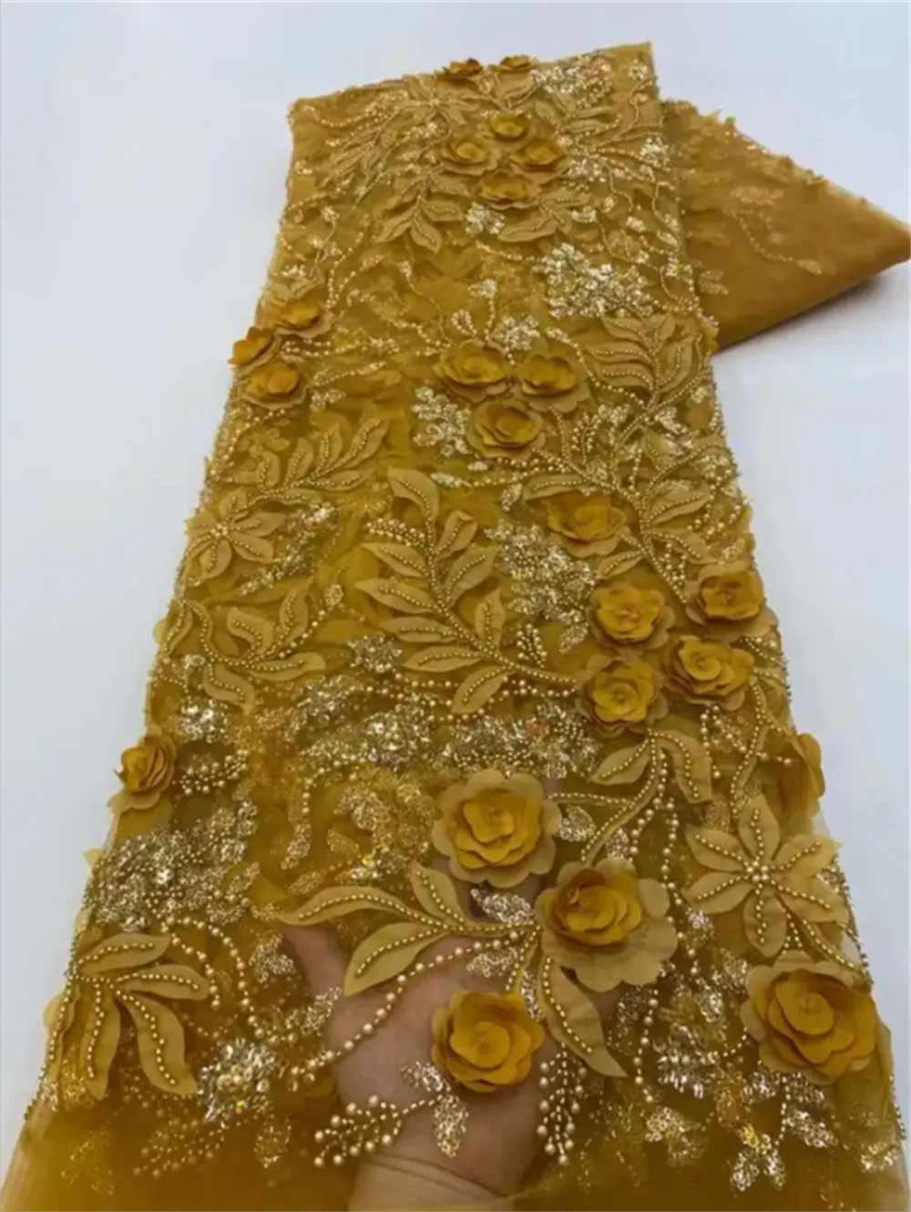French African 3D Lace Fabric 2025 - Beaded Wedding Lace - XY04, 5 Yards