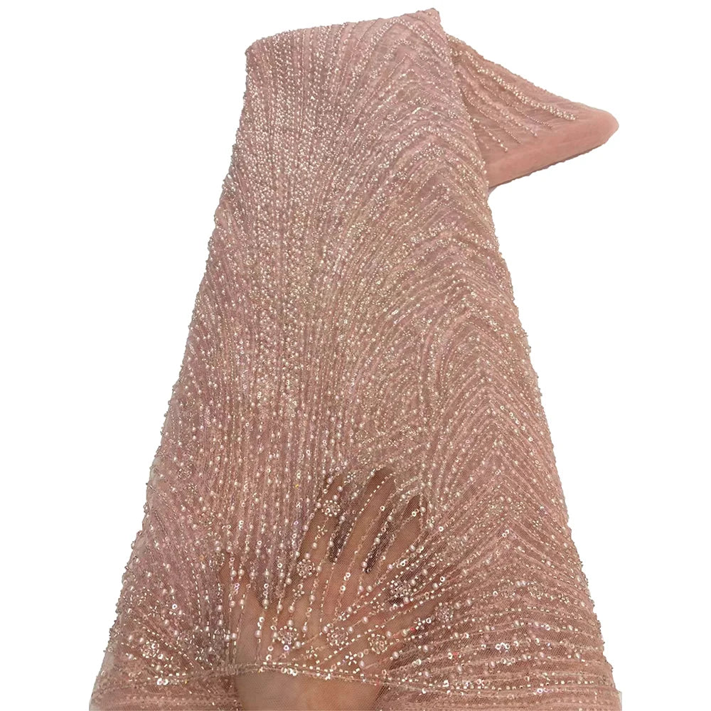 High Quality African Gold Handmade Beaded Lace Fabirc 2025 Sewing sequins Embroidery Nigreian Lace Fabric Women Wedding Dress