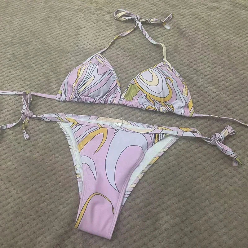 European Luxury Design Women's One-piece Swimsuits Striped Letter Print Swimwear Fashion Brand Women's Sexy Beach Bikini Sets