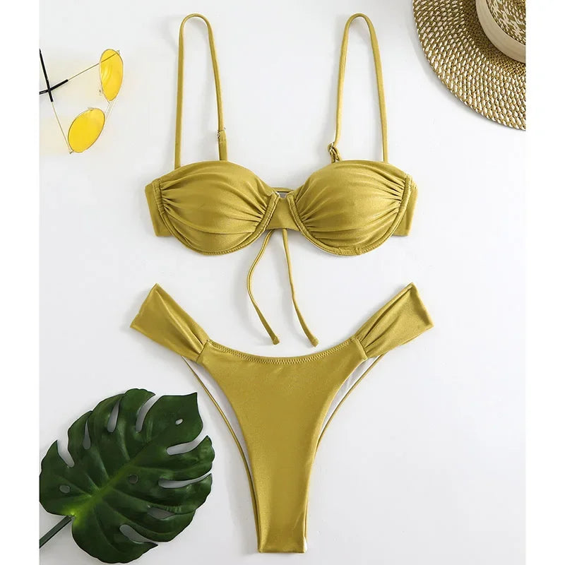 Sexy Bikini Set Women Bathing Suit Solid Pleated Lace Up Thong Split Micro Bikini Summer 2025 New Beach Wear Two Pieces Swimwear