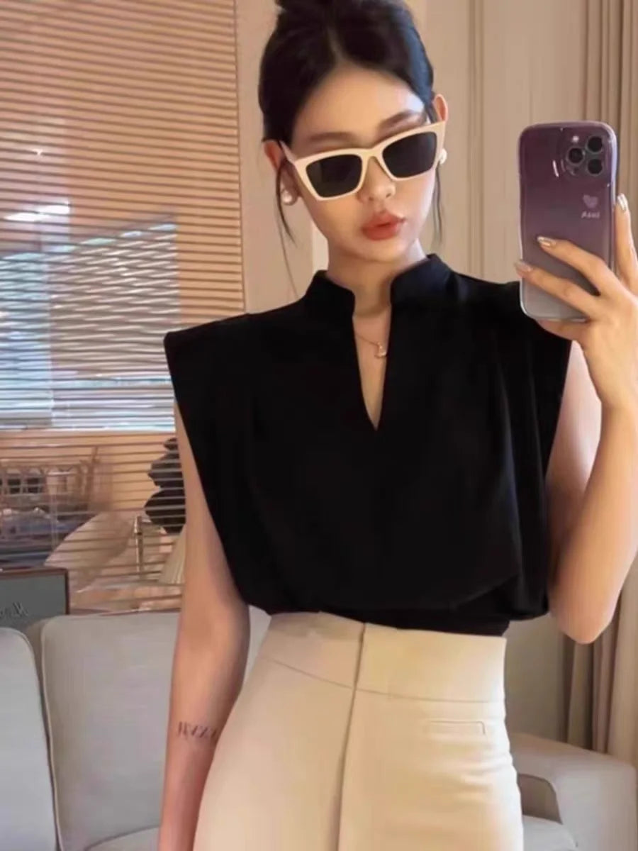 Camisas De Mujer Women Blouses V-neck Sleeveless Shirts Temperament Solid Color Crop Tops Summer Vintage All Match Blouse