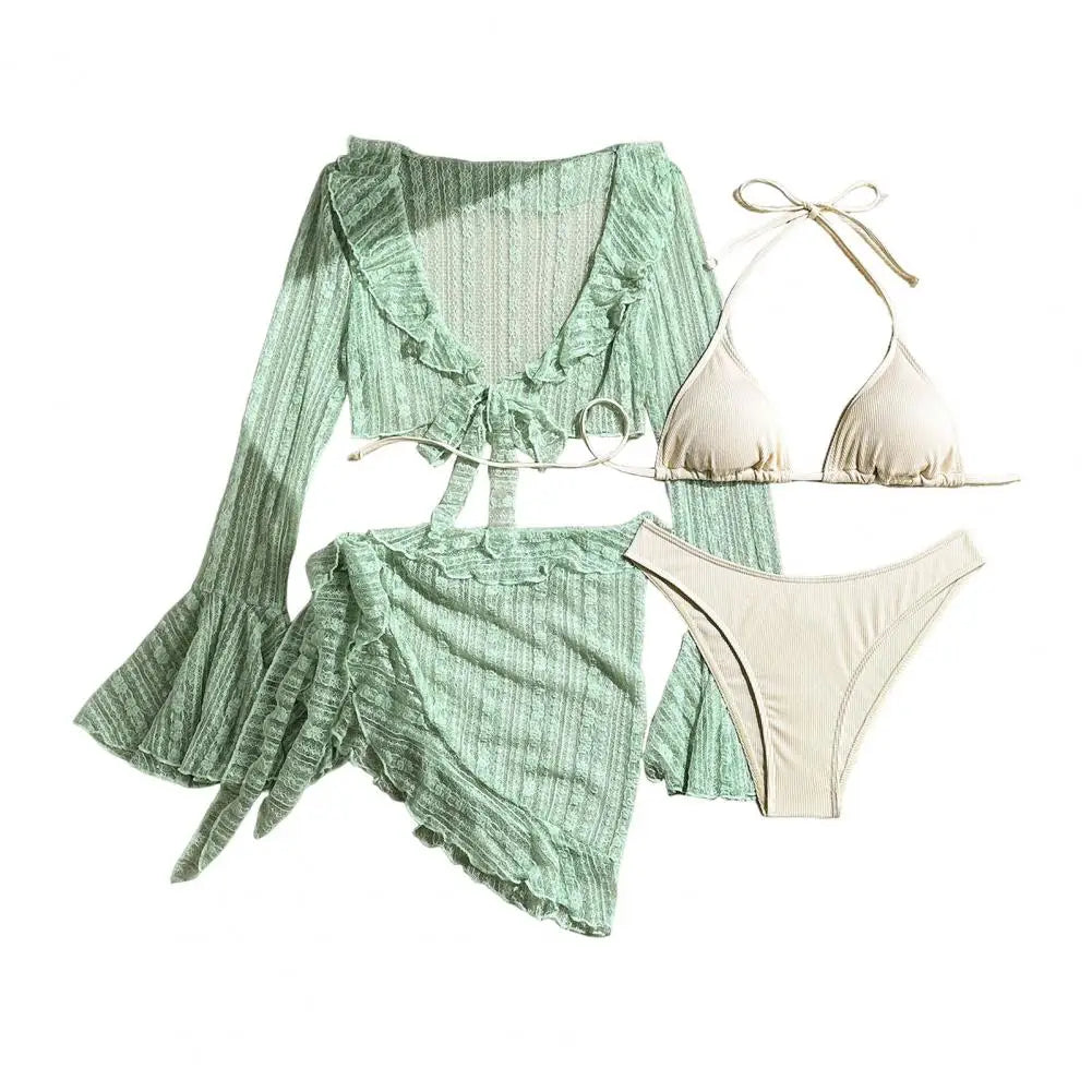 Long Sleeve Bikini Female Swimsuit Women Swimwear Four/Two-pieces Bikini set Sarong Halter Bather Bathing Suit Swim