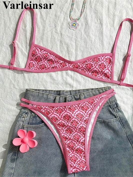 S - XL Flowers Printed High Leg Cut Bikini Female Swimsuit Women Swimwear Two-pieces Bikini set Bather Bathing Suit Swim V6965