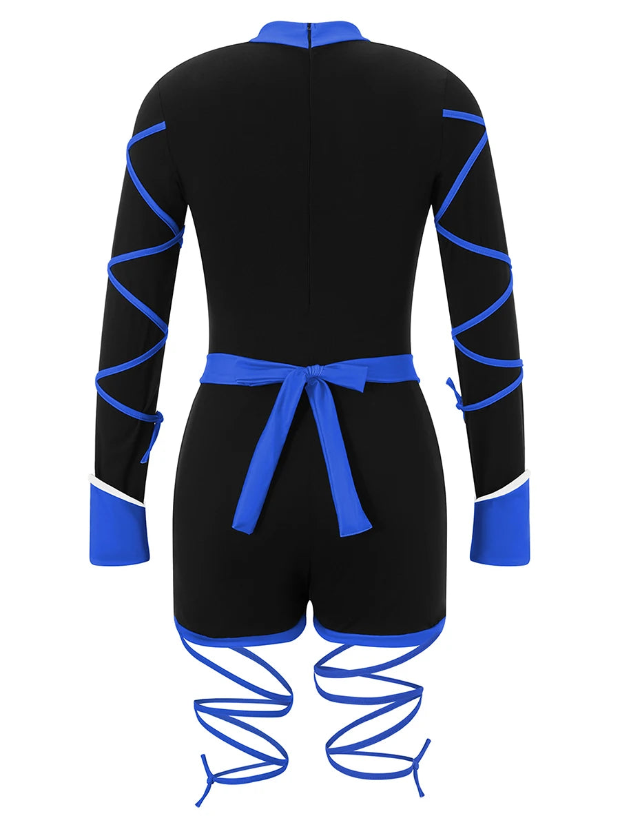 Women Contrast Color Bodysuits Long Sleeve Round Neck Front Cutout Slim Fit Short Playsuit with Print Belt Halloween Decoration