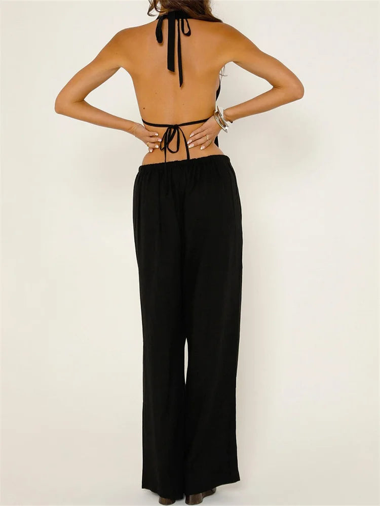 CHRONSTYLE Women Summer Pants Outfits Striped/Solid Halter Tie-Up Backless Tank Tops Wide-Leg Pants 2 Pieces Set Streetwear 2024
