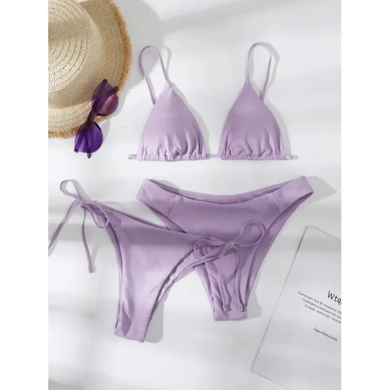 OIINAA Swimwear Women Sexy Solid Swimsuit Drawstring Bow Tie Bikini Set Three-pieces Beachwear Summer Thong Bather Bathing Suit
