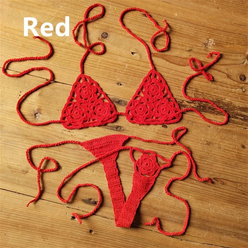 Crochet Bikini Set G-String Lace Up Thong Beach Swimwear Sexy Swimsuit Bra Set For Summer Swimming Party Holiday