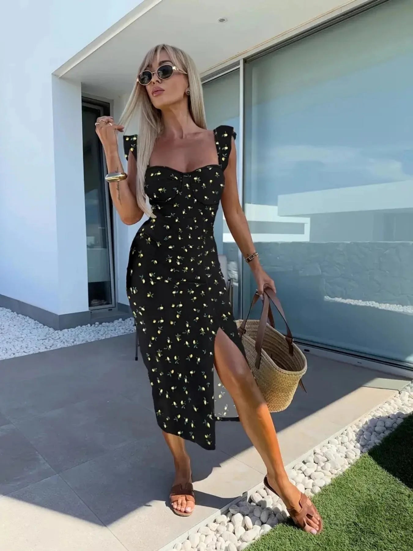 New European and American summer elegant design printed suspender slit midi-length ladies dress