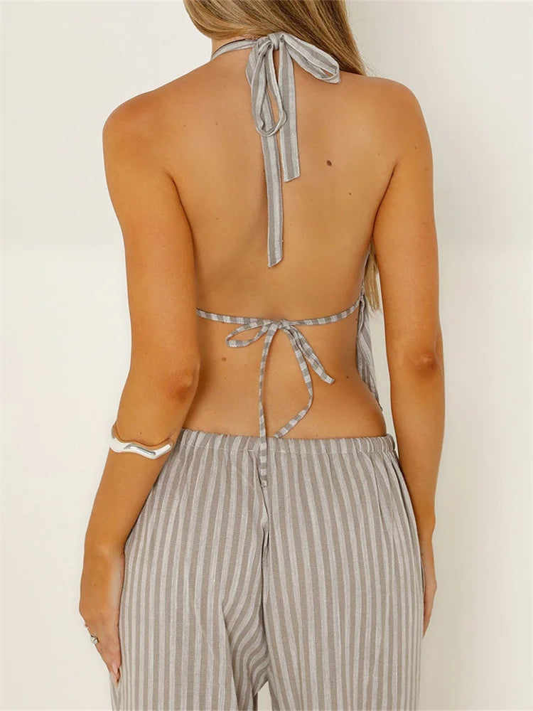 CHRONSTYLE Women Summer Pants Outfits Striped/Solid Halter Tie-Up Backless Tank Tops Wide-Leg Pants 2 Pieces Set Streetwear 2024