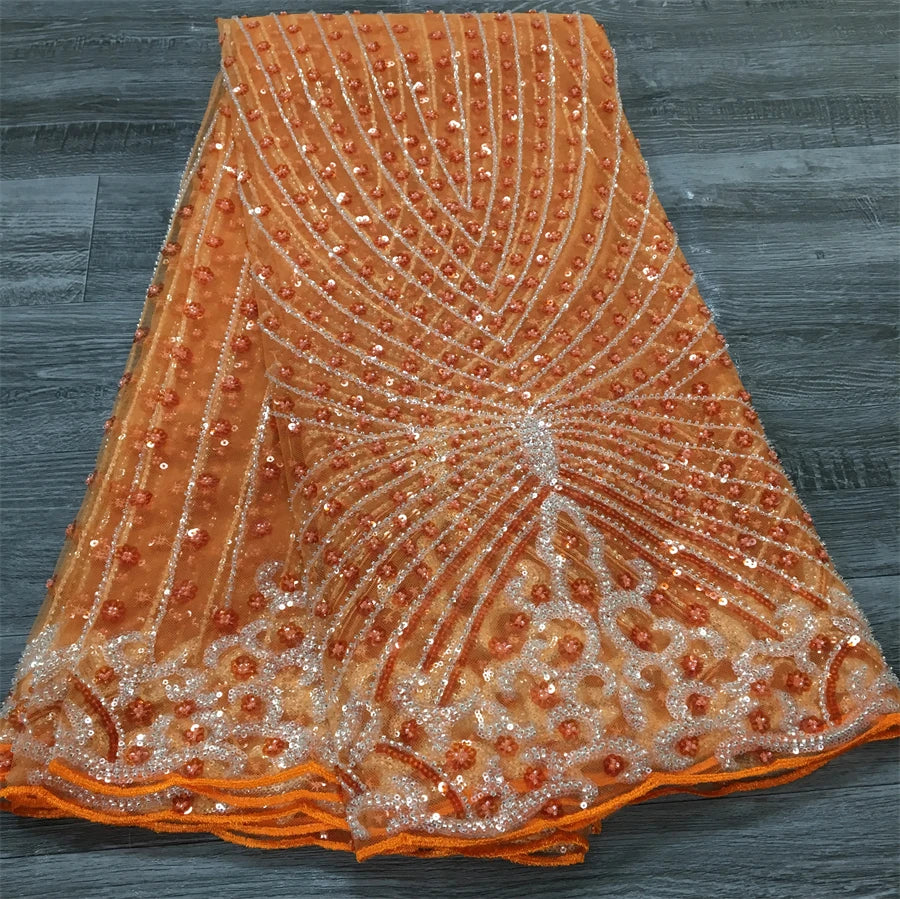 Latest African Sequined Lace Fabric 2025 - Beaded Mesh - French, 5 Yards