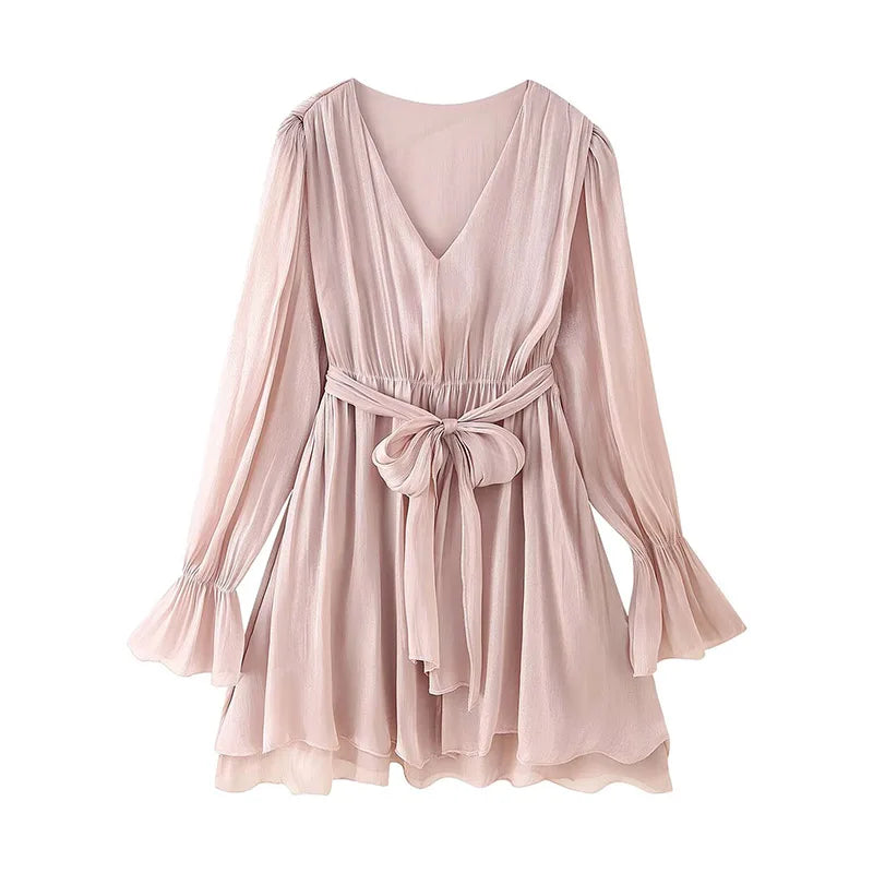 All Seasons Solid Color V-Neck Flared Long-sleeved Dress Women Bow Sashes A-line Midi Dress Female Casual Elegant Wear 2025 new