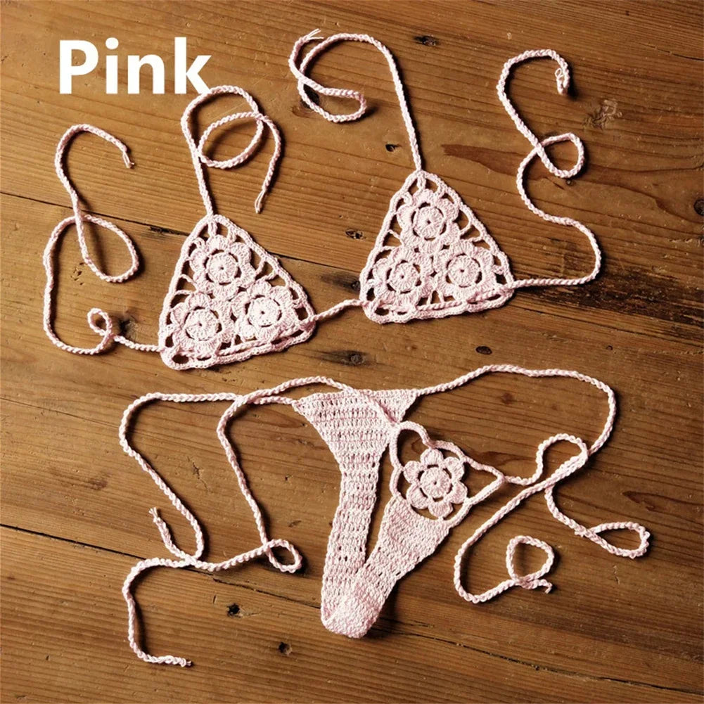 Crochet Bikini Set G-String Lace Up Thong Beach Swimwear Sexy Swimsuit Bra Set For Summer Swimming Party Holiday