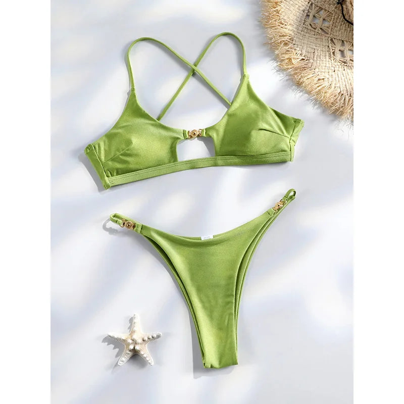 Sexy Bikini Set Solid Bikinis Swimsuit For Women Low Waist Bathing Suits Cut Out Bathsuit Summer Beachwear