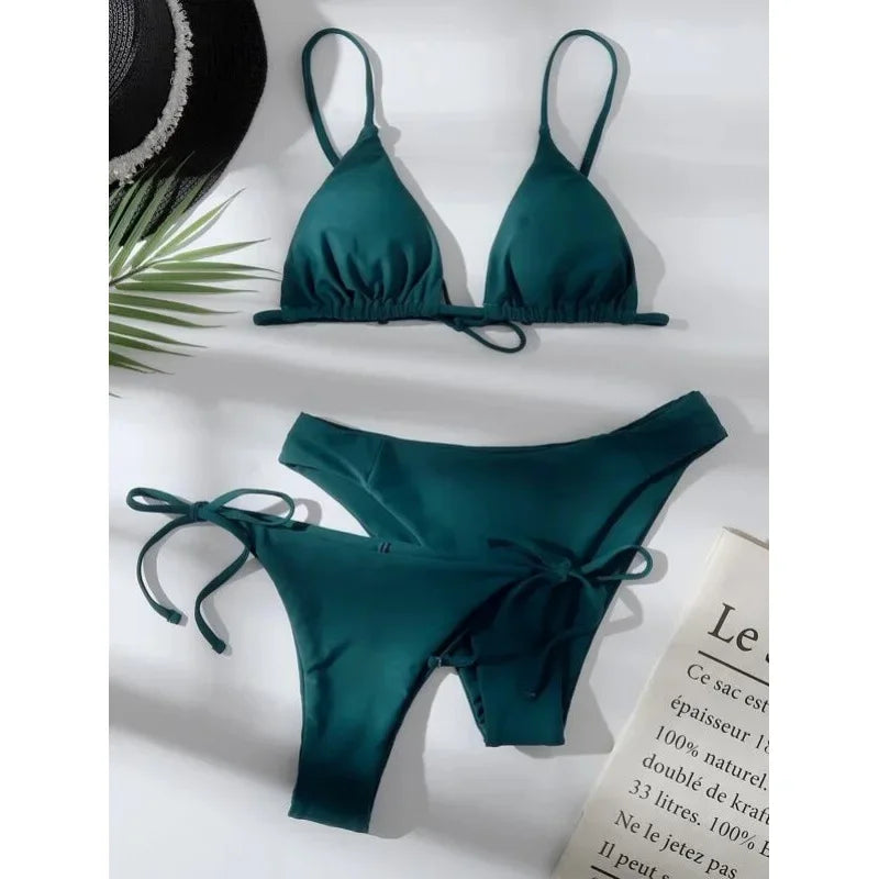 OIINAA Swimwear Women Sexy Solid Swimsuit Drawstring Bow Tie Bikini Set Three-pieces Beachwear Summer Thong Bather Bathing Suit