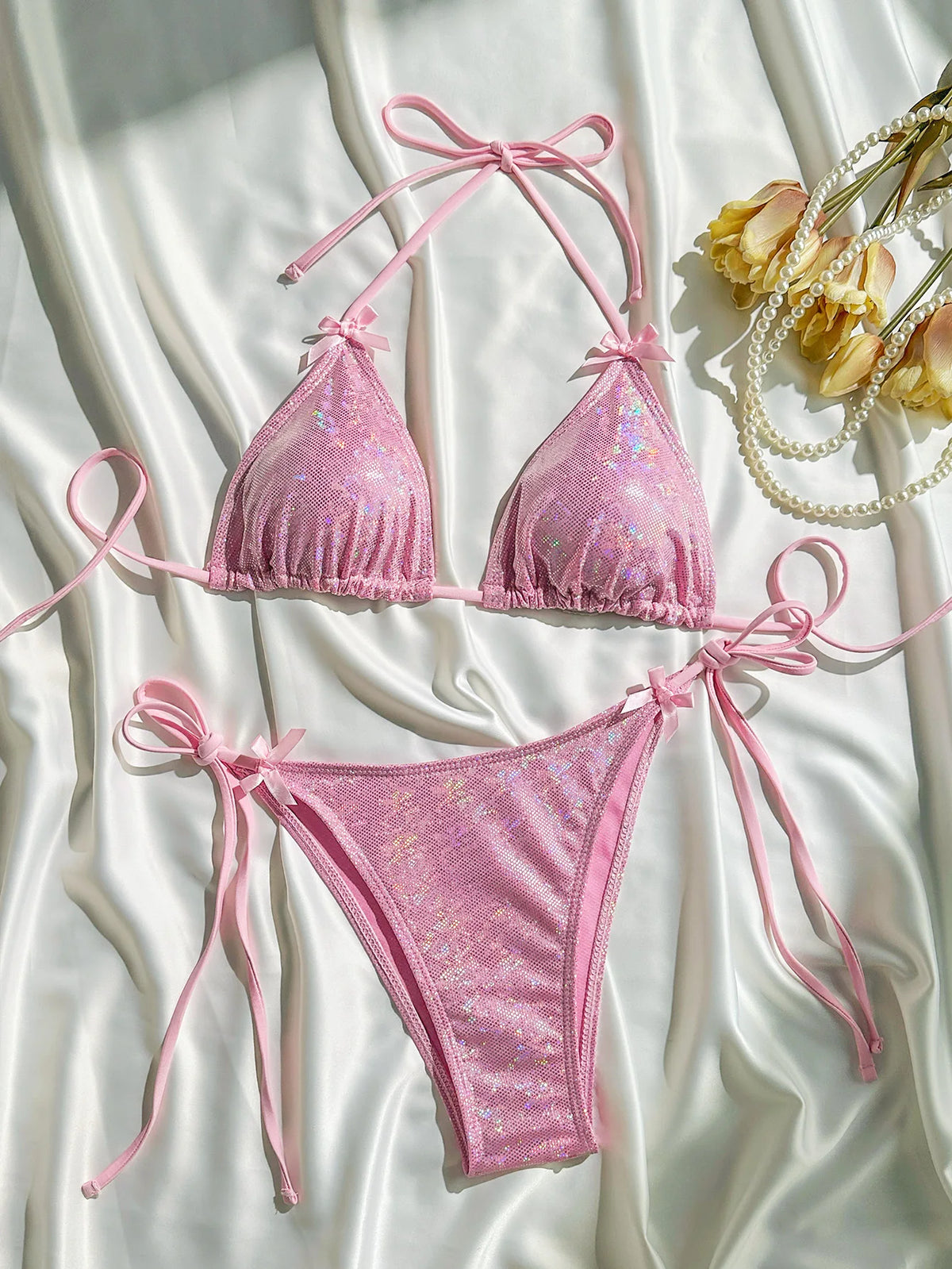 Shiny Pink Micro Bikini Set 2025 Mujer Women Sexy Push Up Thong Swimsuit Summer Bathing Suit Bandage Holiday Swimwear Women
