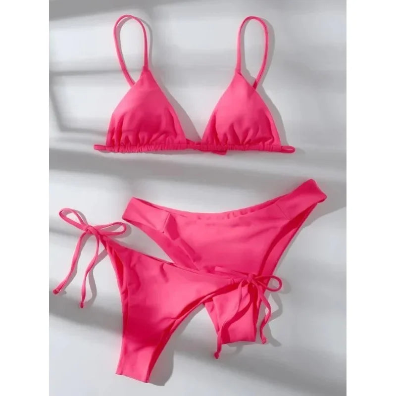OIINAA Swimwear Women Sexy Solid Swimsuit Drawstring Bow Tie Bikini Set Three-pieces Beachwear Summer Thong Bather Bathing Suit