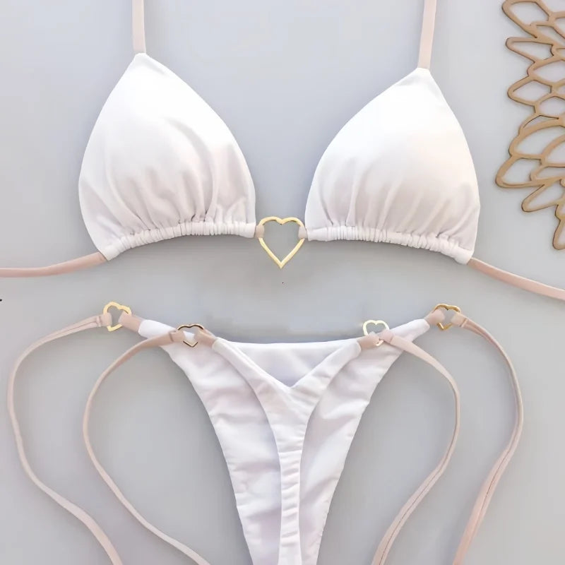 Solid Color White Bikini Women Suit Low Waist Lace-up Swimsuit Two-piece Set swimwear women bathing suit купальник