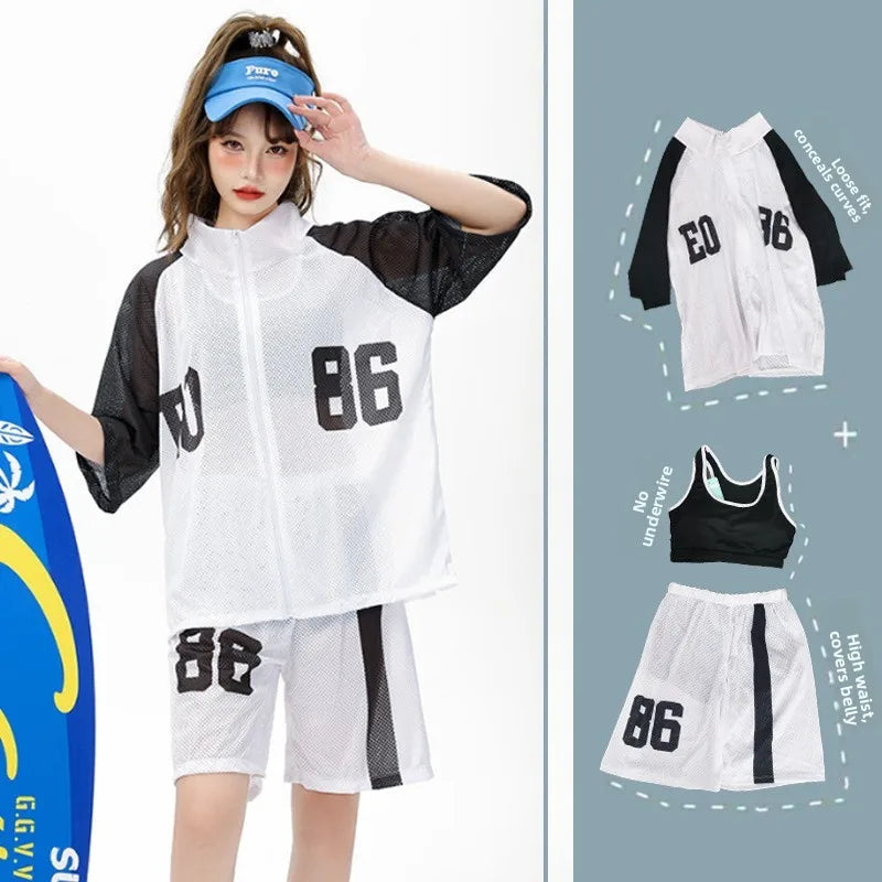 Conservative Student Swimwear ular Korean Sle Women's Tee-piece Set Long Sve Spor Separate Bikini Suit
