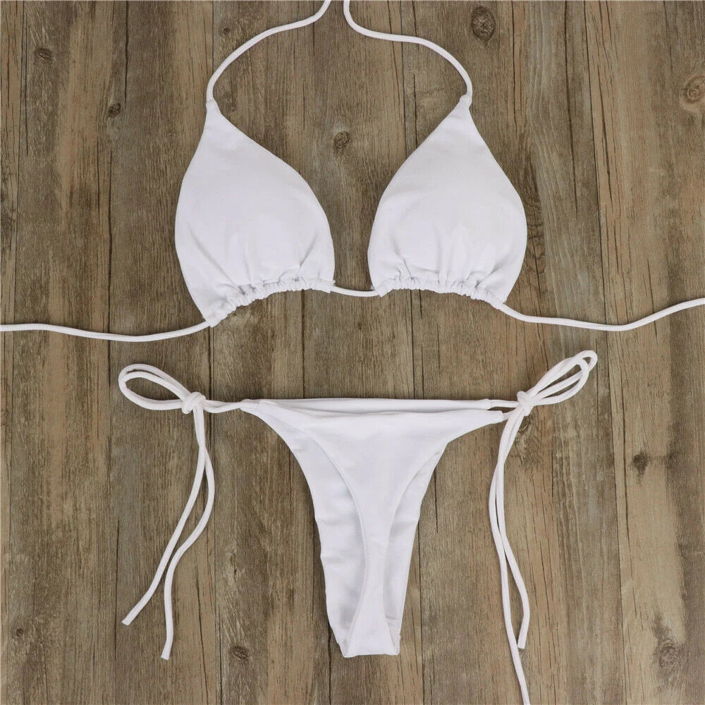 2Pcs Summer Women Bikini Set Side Tie Sexy Swimsuit Bandage Style Brazilian Swimwear Solid Color Swimming Bathing Suit