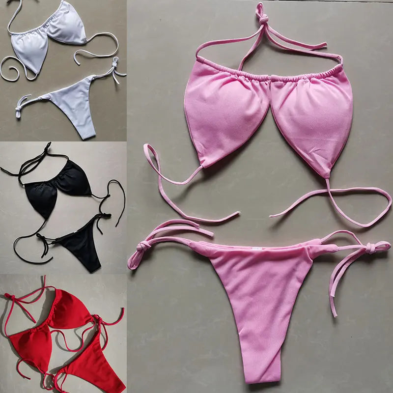 Summer Sexy Bikini set Push-up padded Bra Thong Split Swimwear Female Bandage Bathing Suit Adjustable Lacing Swimsuit Solid