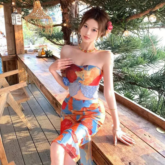 Women's Tropical Art Bikini Set, Push-Up Slimming Two-Piece Swim Dress with Cover-Up, Sexy Chic Hot Spring Resort Beachwear
