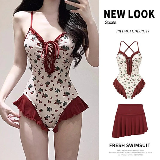 French Swimsuit Women's Bikini Beach Vacation Strawberry Print One-piece Sexy Backless Hot Spring Slim Suit Swimsuit Women
