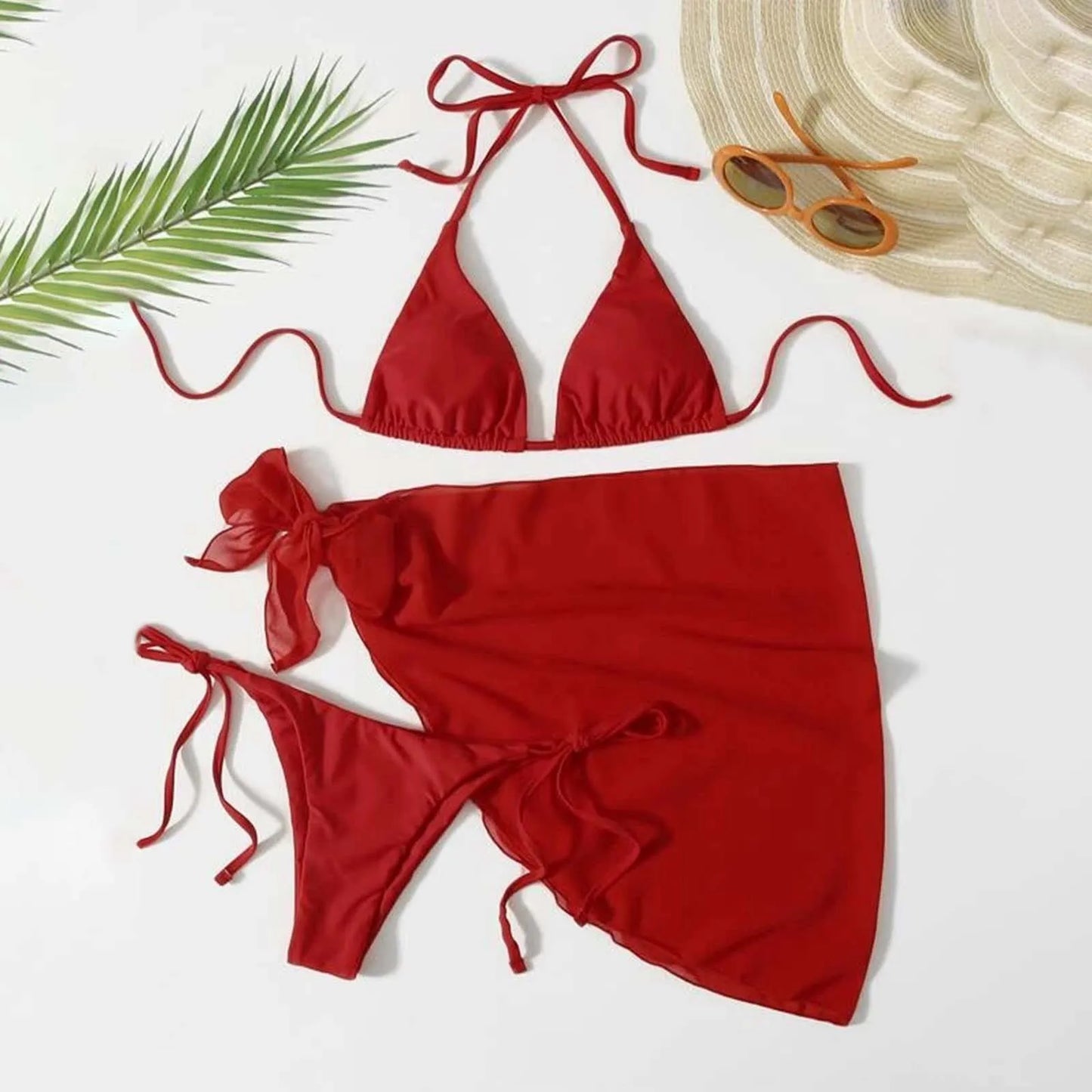 Women'S Solid Halter Backless Bikinis Set Sexy Triangle Cup Lace Up Bikini Top With Bottoms Swimsuit Cover Up 3 Piece Swimsuit