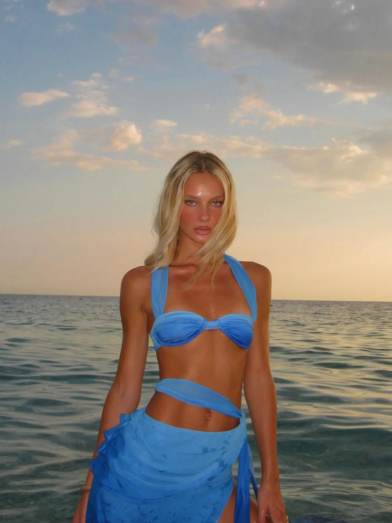 3 Pcs Swimwear Blue Bikini Swimsuit with Skirt Halter Swimwear Women Brazilian Bikini Bathing Suit A Line Skirt Summer Female