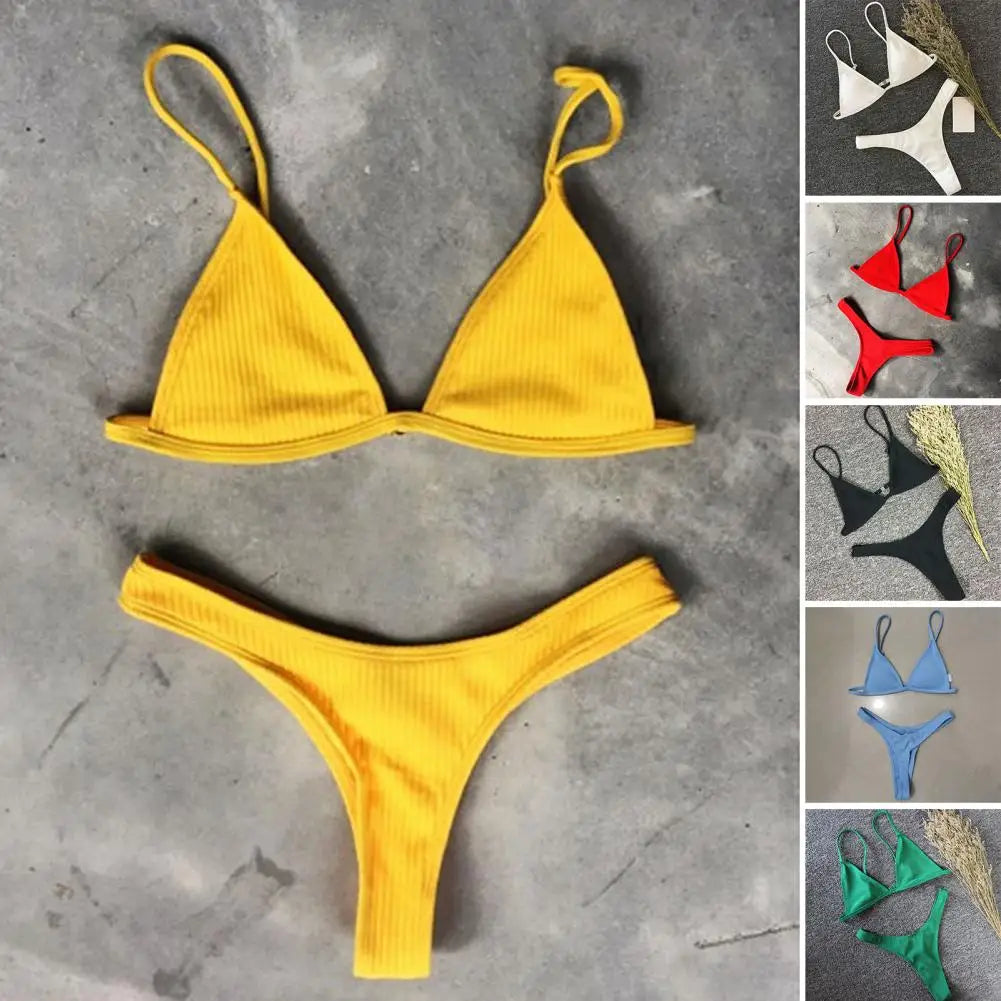 2 Pcs/Set Sexy Lady Bikini Set Quick Dry Swimming Wireless Spaghetti Strap Lady Swimwear