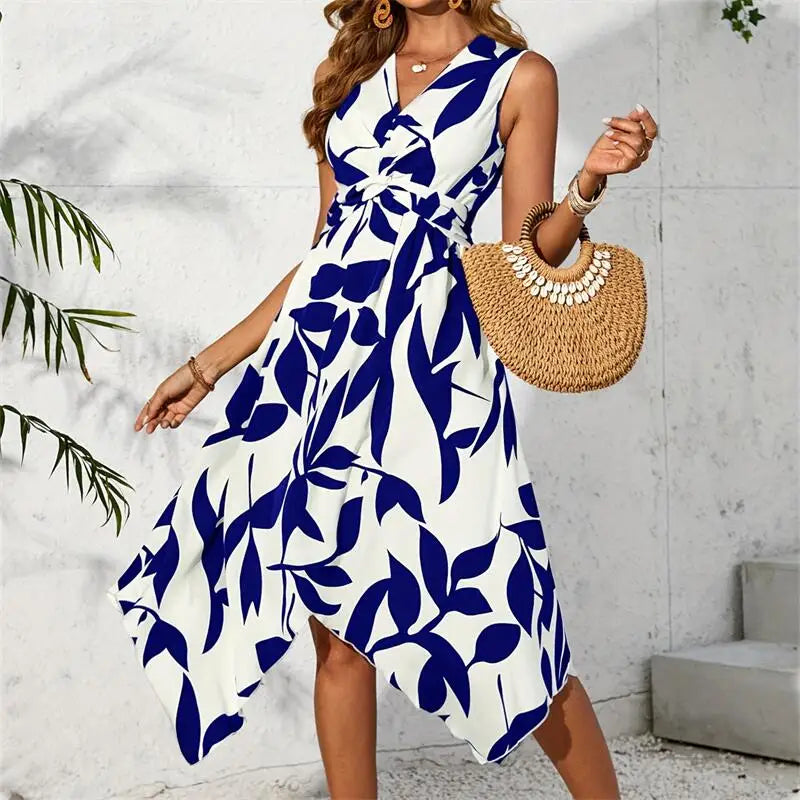 Beach Women Midi Dress Summer Asymmetrical New Maxi Long One Piece DressLeaf Printed Elegant Casual Hem Dress Vestidos Female