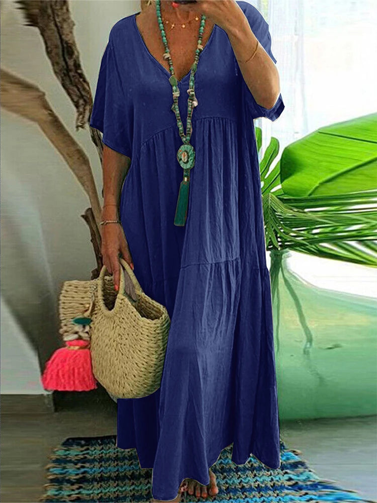 Plus Size Dress Women 2025 Summer V-Neck Short Sleeve Pleated Solid Color Casual Midi Dress Hem Loose Dress XL-5XL
