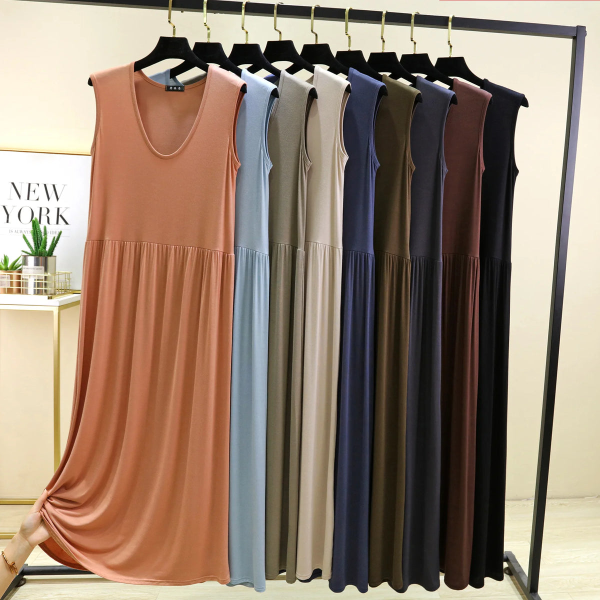 Plus size L to 6XL Women's dress Modal Sleeveless tank dress Pleated sleepdress Mid-Length waist-slimming dresses Loose homewear