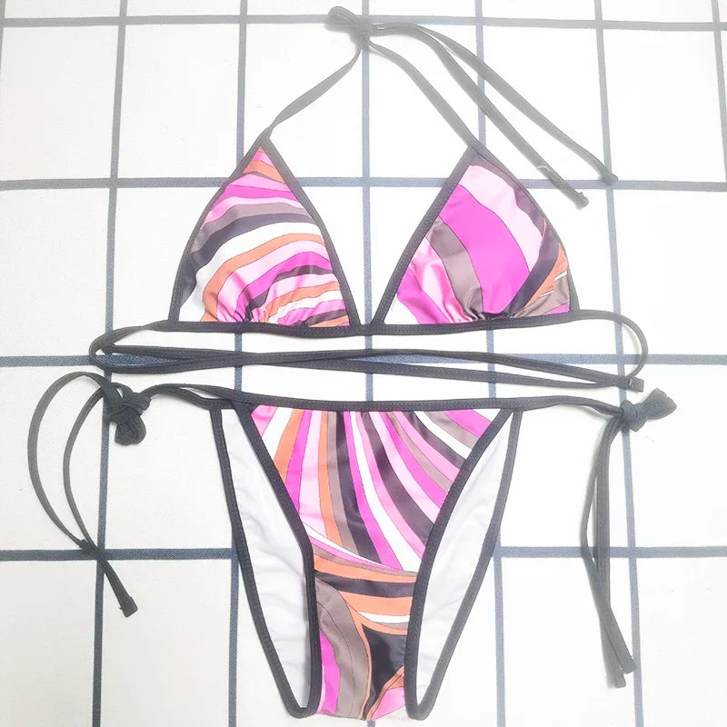 European Luxury Design Women's One-piece Swimsuits Striped Letter Print Swimwear Fashion Brand Women's Sexy Beach Bikini Sets