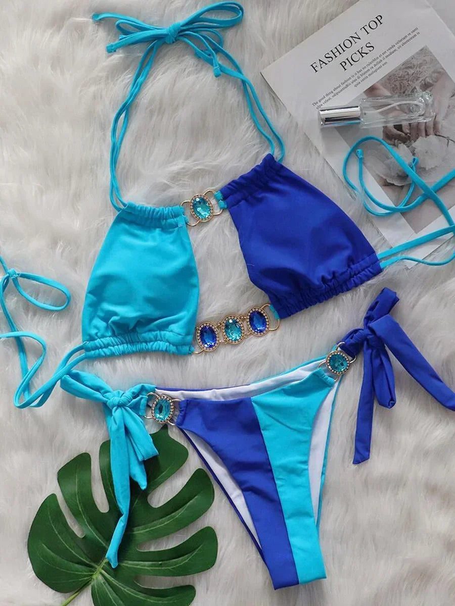 2025 Splicing Halter Diamond Bikini Women Swimsuit Female Swimwear Two Pieces Bikini Set Hollow Out Bathing Suit Swim Beach Wear
