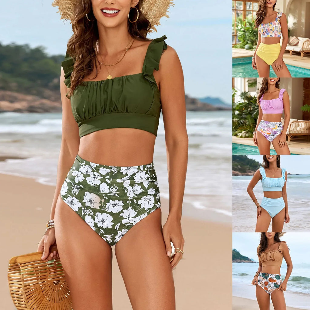 Fashion Printing Swimsuit Two Piece For Women Ruffle Swimwear Tops And High Waist Bikini Swim Shorts For Women For Teen Girls