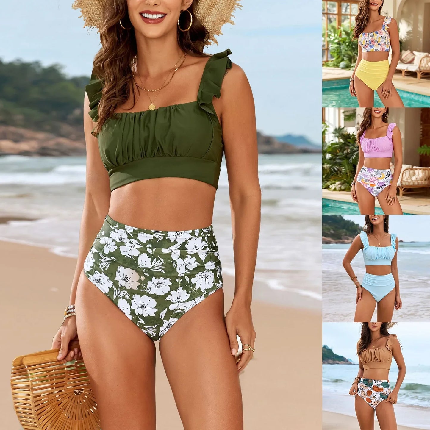 Fashion Printing Swimsuit Two Piece For Women Ruffle Swimwear Tops And High Waist Bikini Swim Shorts For Women For Teen Girls