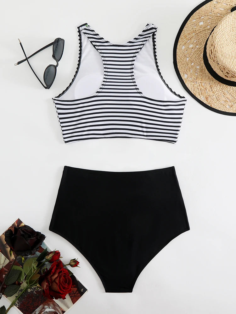 Circyy Striped Bathing Suit Women Fashion Two-pieces Swimwear High Waisted Solid Bikini Set Summer 2025 New Holiday Beachwear