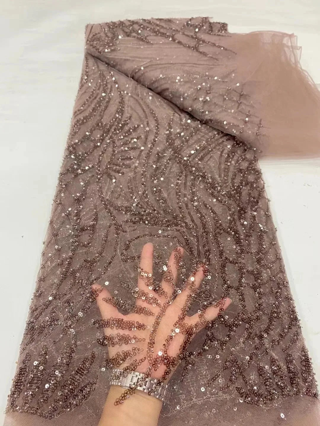 African Lace Fabric 2025 - Sequined Beaded Bridal Lace - No. 002, 5 Yards