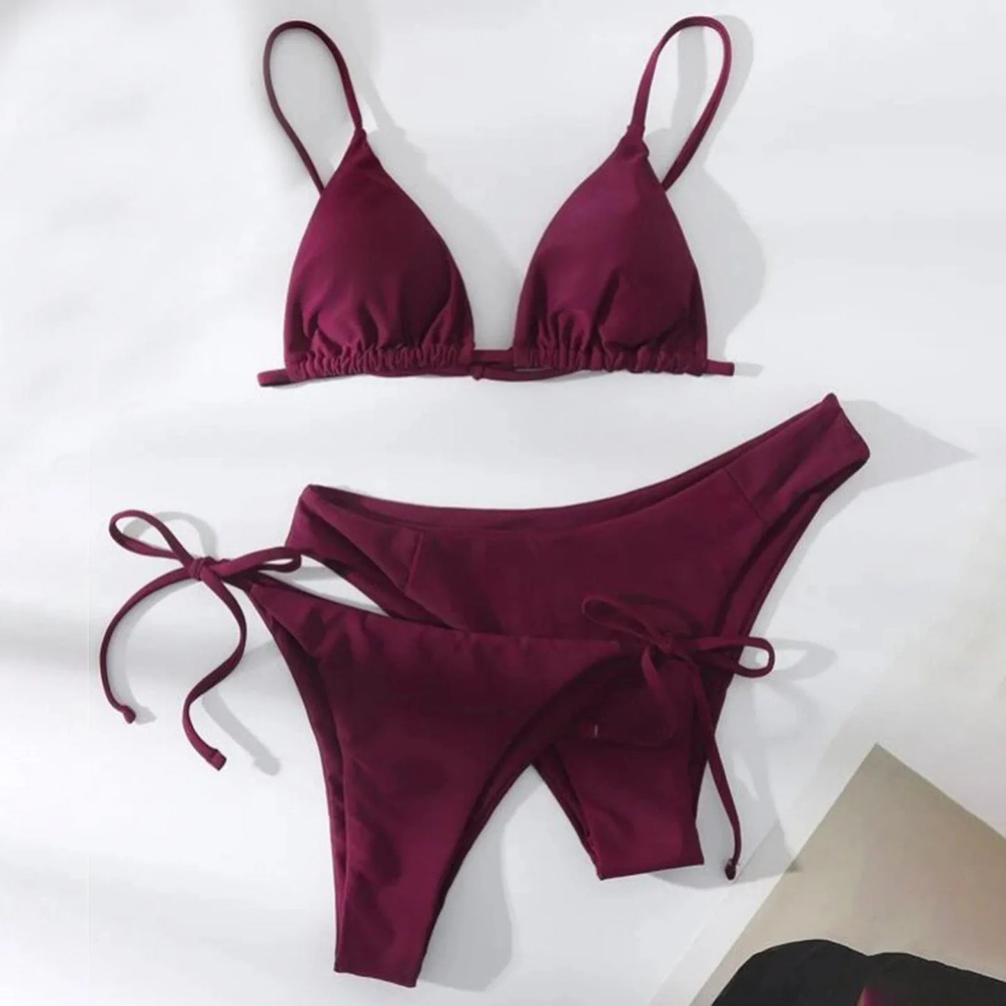 Women's Summer Fashion Sexy Basic Solid Color Backless Lace-up High Waist Adjust Buckle Sling Bikini Three-pieces Swimsuit